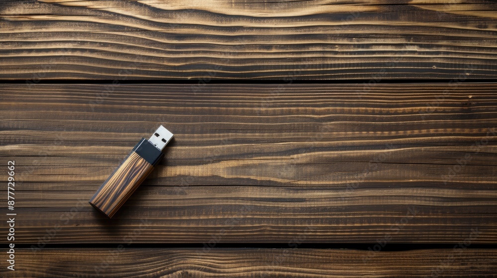 Poster usb flash drive from above on wooden background with space for text