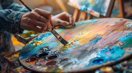 Obraz premium A close-up shot of a student mixing paint on a palette, hands holding brushes and creating vibrant colors, background showing easels and art supplies