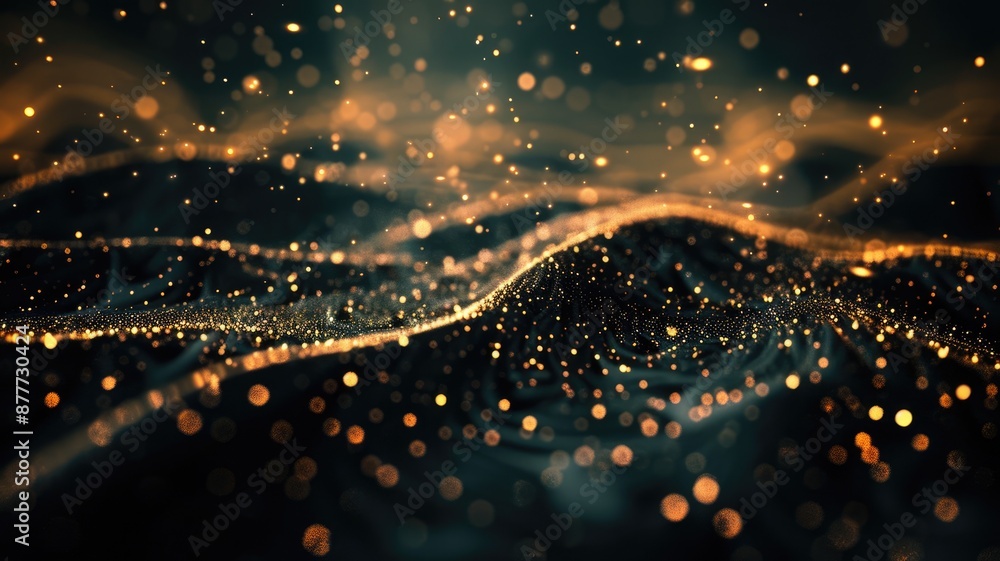 Poster abstract golden and dark wave pattern with glowing particles. digital art design of gold lines and d
