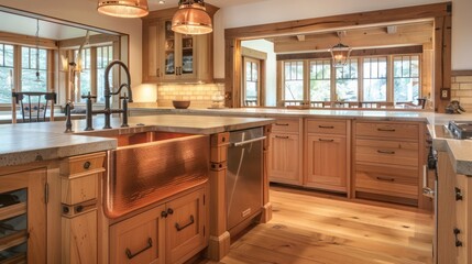 luxurious Craftsman-style kitchen with custom oak cabinets and a copper farmhouse sink