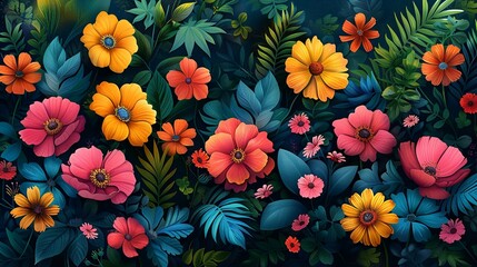 Blooming gardens create a breathtaking and colorful display with a variety of blooms and lush greenery ideal for lively and inviting backgrounds Background Illustration, Bright color tones, ,