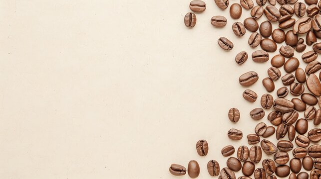 Coffee beans scattered on a beige background.