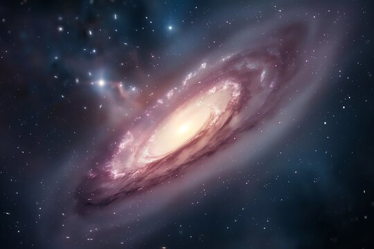 An enormous glowing spiral galaxy with bright center and long, trailing arms. There are stars scattered throughout the space surrounding the galaxy.