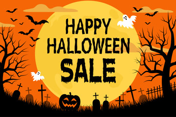 満月の夜のハロウィンセールバナー_ベクターイラスト（2:3）