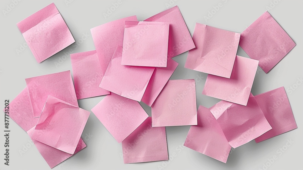 Poster explore a collection of pink sticky post-it notes in various sizes and orientations, creatively arra