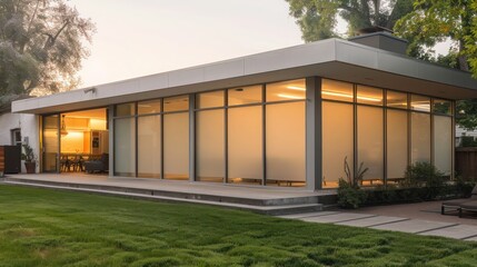 minimalist suburban home with a focus on privacy, featuring frosted glass windows and a secluded backyard