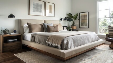 modern Craftsman bedroom with a platform bed, clean lines, and a neutral color palette accented with natural wood tones