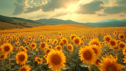 Obraz premium Sunflower fields in full bloom create a cheerful and bright landscape with golden hues and sunny skies ideal for uplifting and vibrant backgrounds Background Illustration, Bright color tones, ,