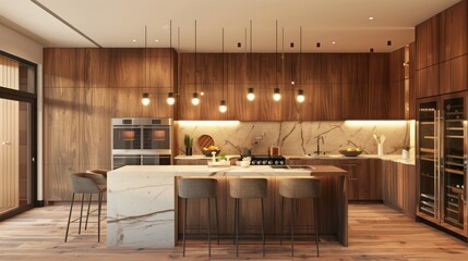 modern Craftsman kitchen with sleek wooden cabinetry, integrated appliances, and a marble island with pendant lighting above