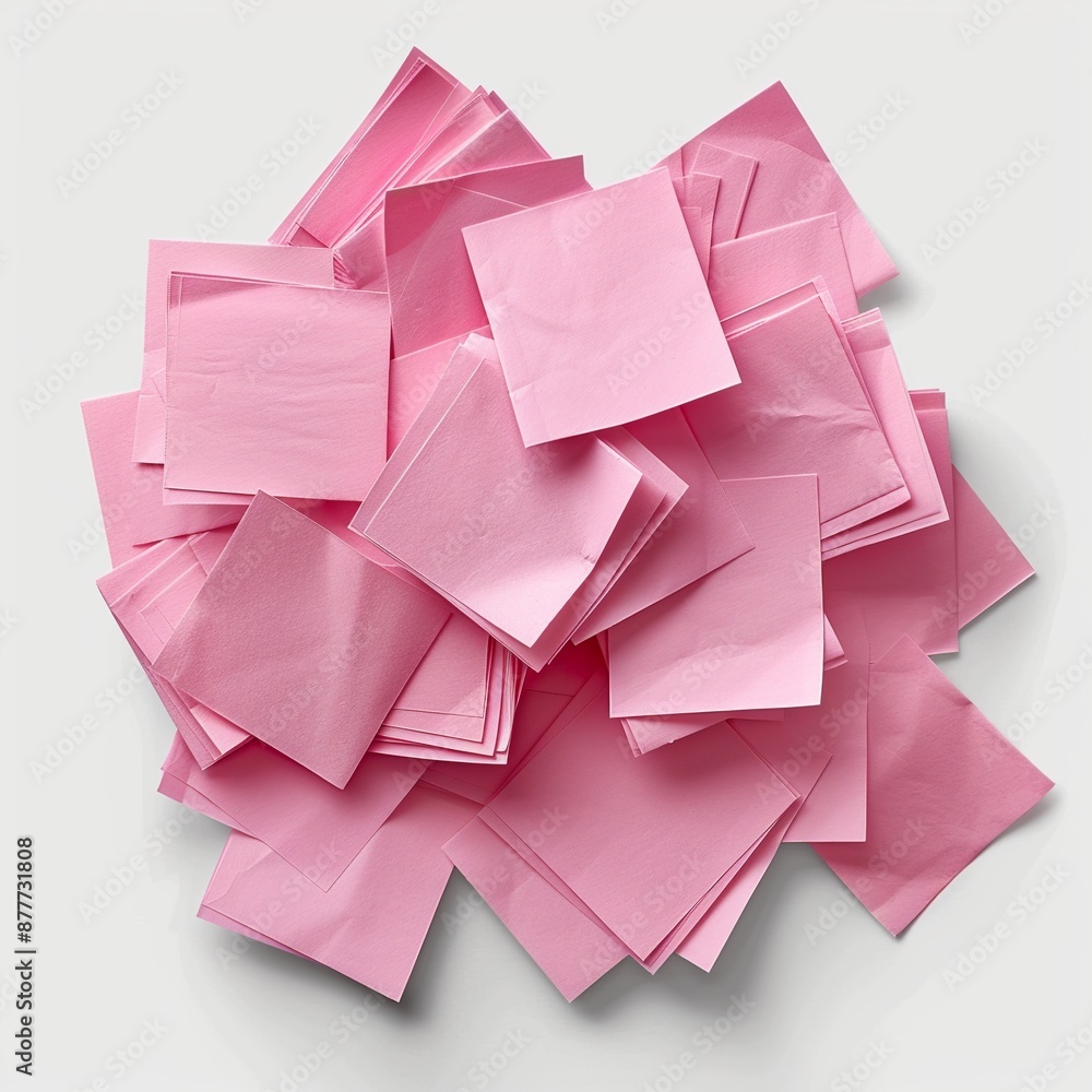 Poster explore a collection of pink sticky post-it notes in various sizes and orientations, creatively arra