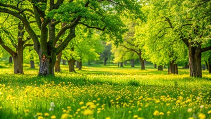 beautiful idyllic landscape panorama backgrond, yellow flower meadow and old trees in a spring park landscape, branch with green leaves in foreground