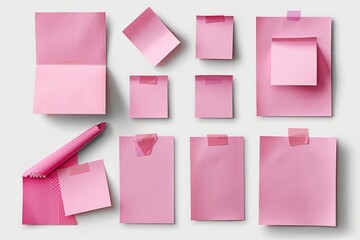 Explore a collection of pink sticky post-it notes in various sizes and orientations, creatively arranged on a transparent PNG canvas. Showcasing their lovely pinks and tactile qualities