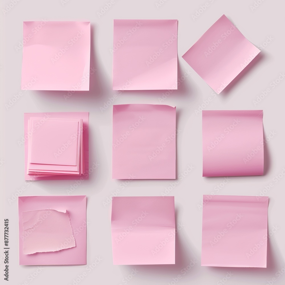 Poster explore a collection of pink sticky post-it notes in various sizes and orientations, creatively arra