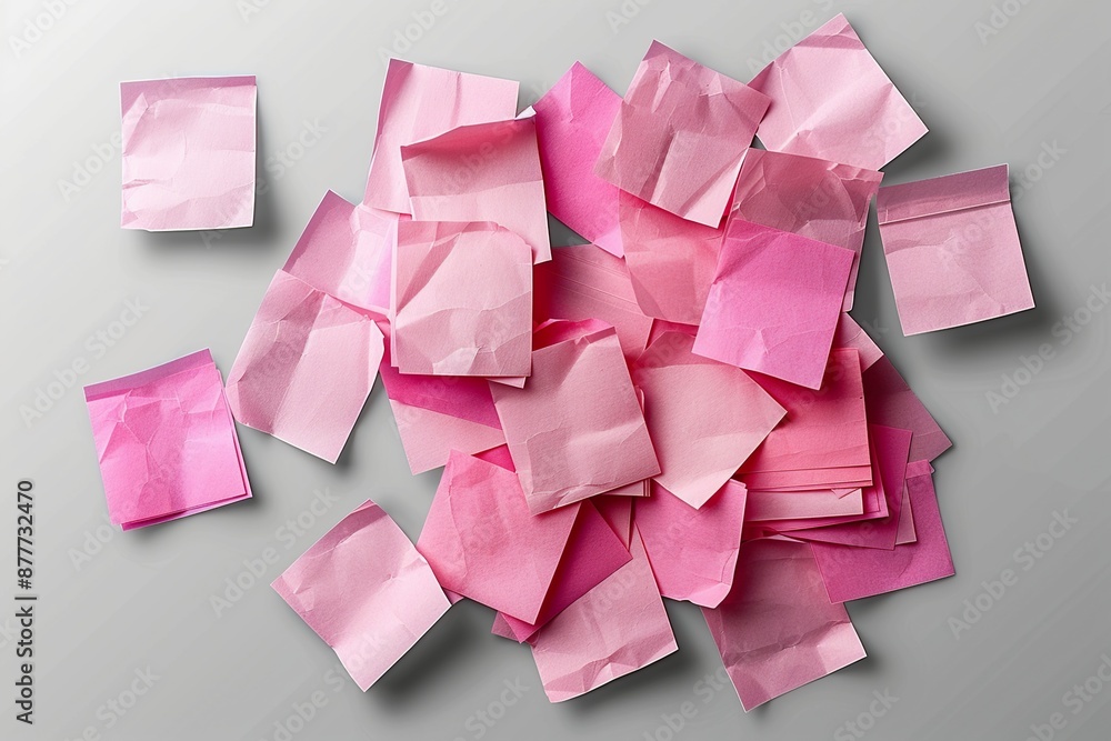 Poster explore a collection of pink sticky post-it notes in various sizes and orientations, creatively arra