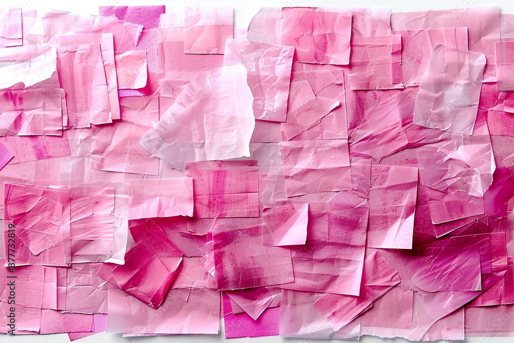Poster explore a collection of pink sticky post-it notes in various sizes and orientations, creatively arra