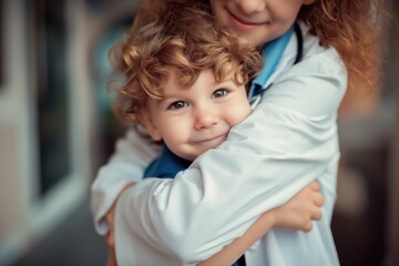 a little boy hugging his doctor