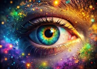 Vibrant human eye surrounded by kaleidoscopic dust particles exploding in a mesmerizing multicolor background, perfect for fantasy, magic, and futuristic themes in 4K animation videos.