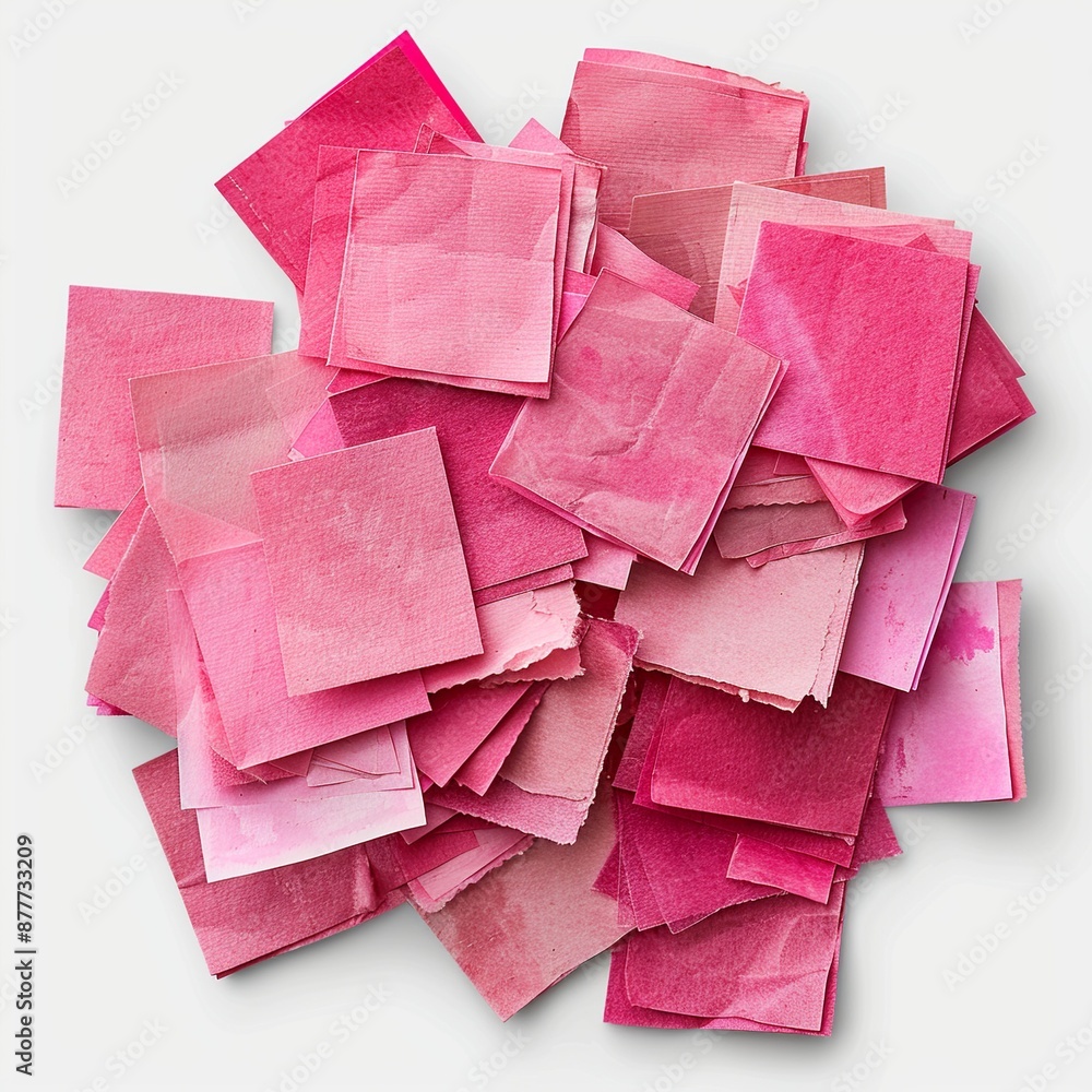 Poster explore a collection of pink sticky post-it notes in various sizes and orientations, creatively arra