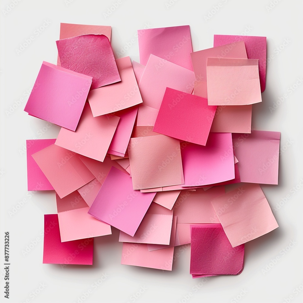 Poster explore a collection of pink sticky post-it notes in various sizes and orientations, creatively arra