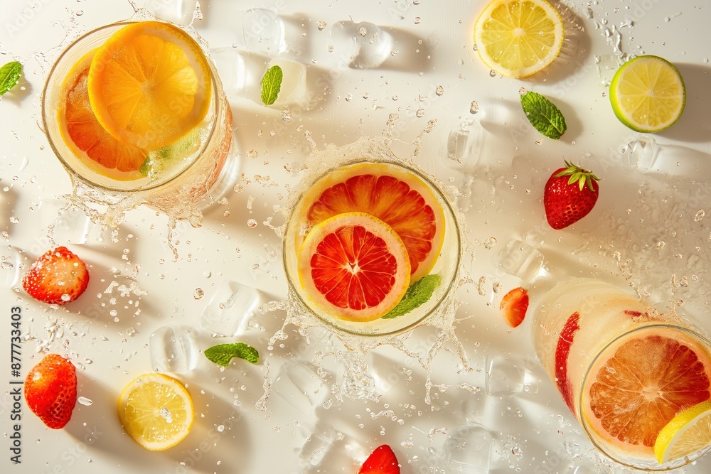 Poster a glass of lemonade with strawberries and orange slices