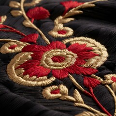 A detailed macro shot of red and gold floral embroidery on dark fabric, highlighting the intricate stitching and vibrant colors.