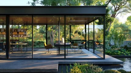 Fototapeta premium sleek suburban home office with glass walls, modern furniture, and views of a beautifully landscaped garden