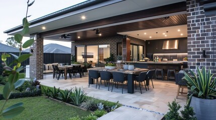 Obraz premium sleek suburban home with an outdoor kitchen and dining area, perfect for entertaining in a modern style