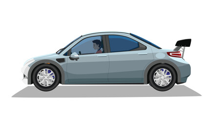 Concept vector illustration of detailed side of a flat sports car with driving man inside car. with shadow of car on isolated white background.