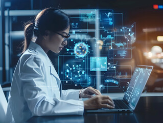 Advanced Medical Technology, Disease and clinical analysis, Medical science and biotechnology, Healthcare and medical doctor working, Virtual research of patient report, Advance research