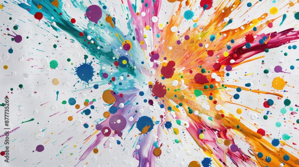 Poster a dynamic and energetic abstract artwork featuring explosive splashes of vibrant colors on a canvas.