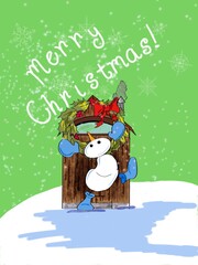 Happy Snowman Hangs a Merry Christmas Wreath Image Clipart