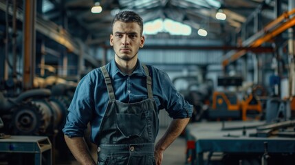 Obraz premium The worker in blue overalls