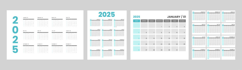 Set of 2025 Calendar template designs. Week starts on Sunday office calendar. Simple clean desktop planner calendar for company or business