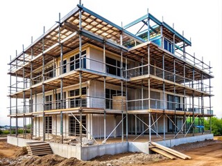 Massive modern multi-storey house under construction, framed by scaffolding and metal beams, stands isolated on a pure white background, awaiting completion.
