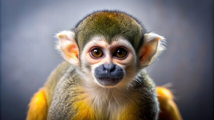 Obraz premium A cute squirrel monkey with bright eyes and fluffy fur sits alone on a transparent background, looking directly at the camera with curiosity.