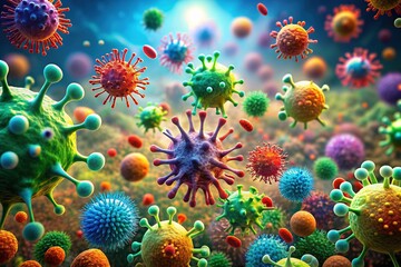 Naklejka premium Colorful 3D illustration of microscopic cells under attack by viruses and bacteria, exhibiting destruction and chaos at the cellular level, highlighting microbial invasion.