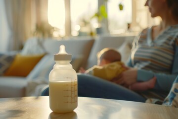 Baby bottle with milk on table with mother nursing in background in cozy home setting mother-child bond concept