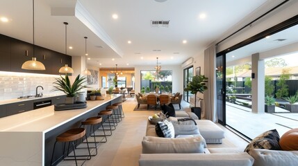 suburban home with a sleek, modern kitchen that opens up to a spacious living area, perfect for entertaining