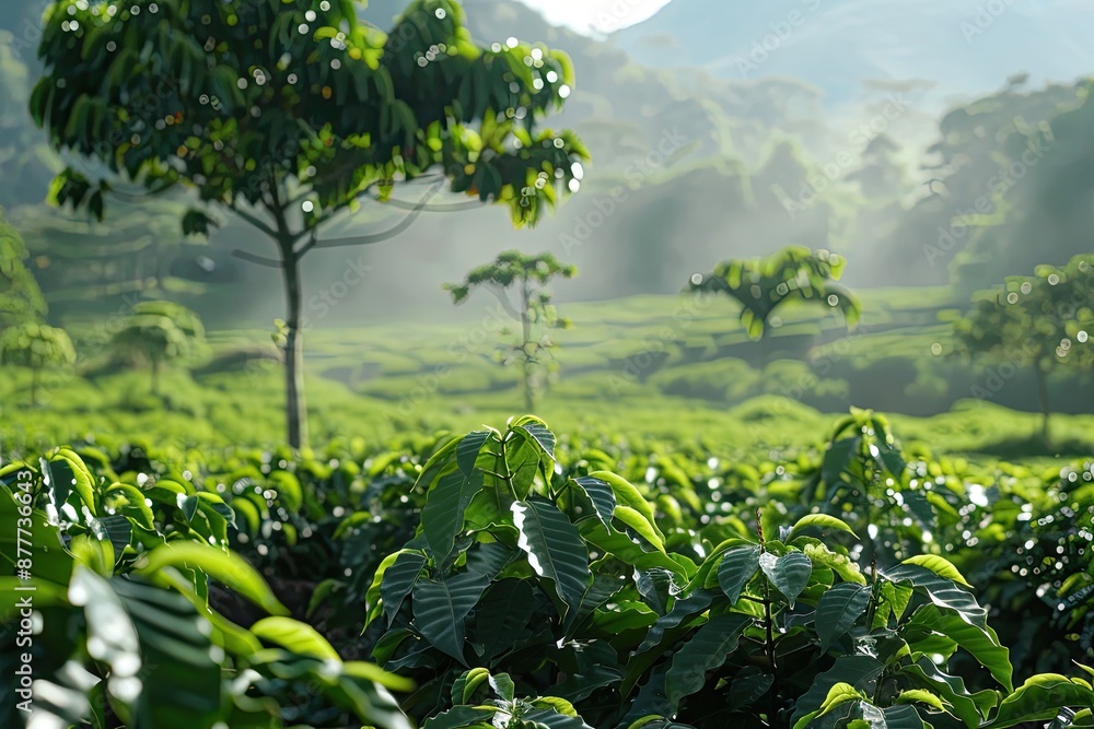 Poster a lush green field with a tree in the foreground. the image has a peaceful and serene mood, with the