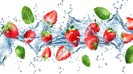 Strawberry water splash isolated on white transparent background, png. strawberries, leaves and water splash. water wave background