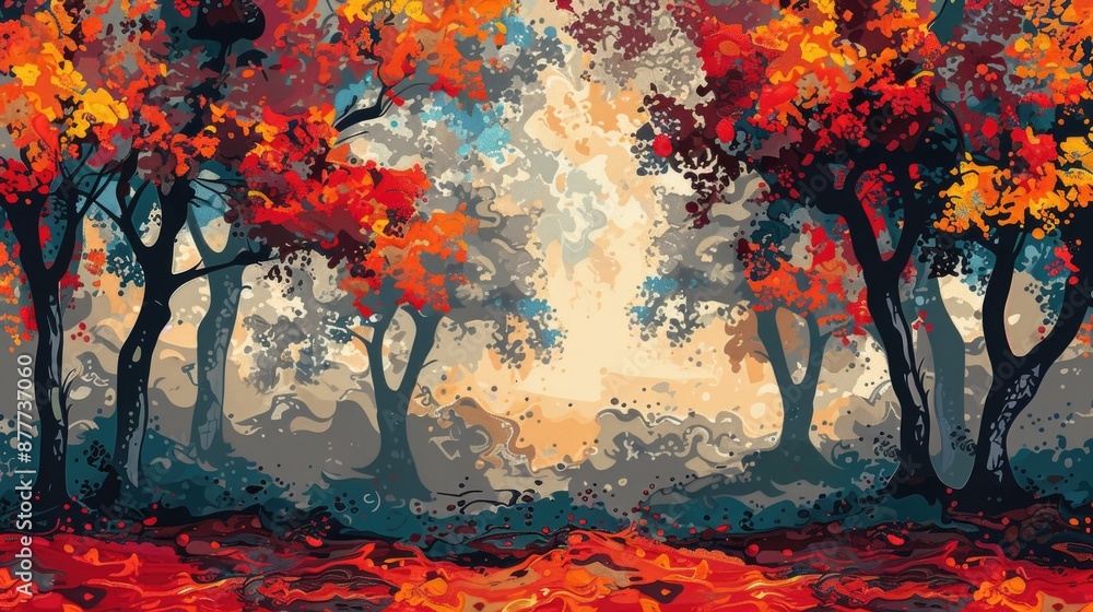 Poster a painting of a forest with trees in various shades of red and brown. the painting has a moody and s