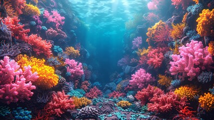 Fototapeta premium Colorful coral reefs showcase the stunning beauty of underwater ecosystems with vibrant corals and marine life perfect for aquatic-themed backgrounds Background Illustration, Bright color tones, ,
