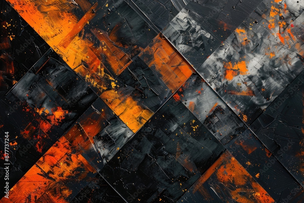 Poster the image is a black and orange abstract painting with a lot of texture and splatters. the colors an