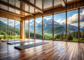 Soothing ambiance of a serene yoga room with natural wood floors and minimal decor, offering a breathtaking view of majestic mountains through large windows.