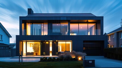 Fototapeta premium suburban house with a modern fa? section ade of dark, matte panels and bright, energy-efficient windows creating a stark contrast