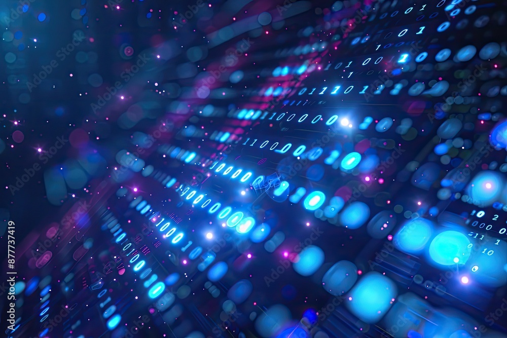 Poster a blue and purple image of a computer screen with many small blue and purple dots. the image is abst