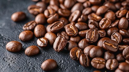 Fototapeta premium Coffee beans heap on black surface