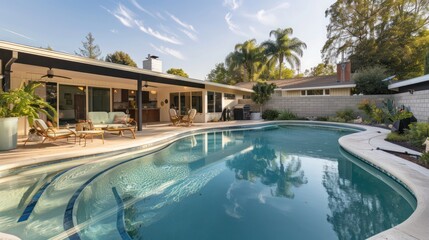Fototapeta premium suburban mid-century modern home's backyard featuring a classic kidney-shaped pool and vintage patio furniture