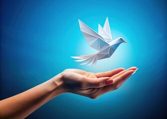 Naklejka premium Vibrant blue background features a delicate paper bird born from a hand, symbolizing freedom of thought, open communication, and innovative business concepts unfolding.