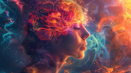 Empowered Mind Surreal Close Up of Woman with Glowing Brain in Medical Illustration Style Against Vibrant Abstract Background